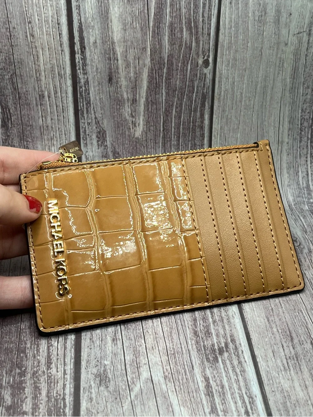 NWT MICHAEL KORS Jet Set Travel Croc Leather Zip Card Case Wallet - Camel/ Deer